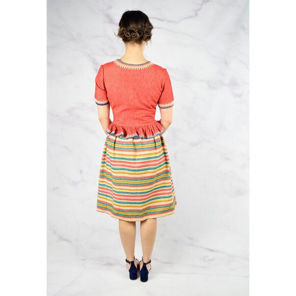 1940s Rainbow Dress Size Small 40s Striped Peplum Dress Crochet Details Wool - Picture 4 of 10